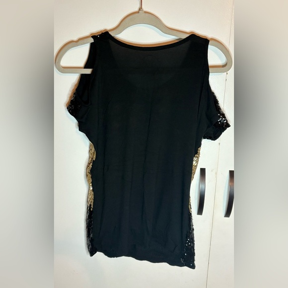 INC Women’s Black Gold Sequin Cold-Shoulder Short Sleeve Evening Party Top Small - Picture 2 of 6